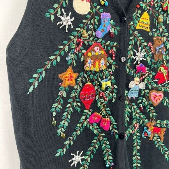 Marisa Christina Women’s Beaded Embroidered Decorated Holiday Tree Vest - Picture 9 of 12